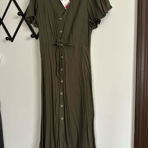 Mimi Chica Olive Midi Dress with Button Detail
